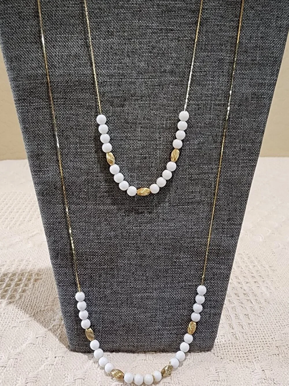MCM 2 x Vintage Floating Round White and Spiral Gold Bead Gold Chain Necklace